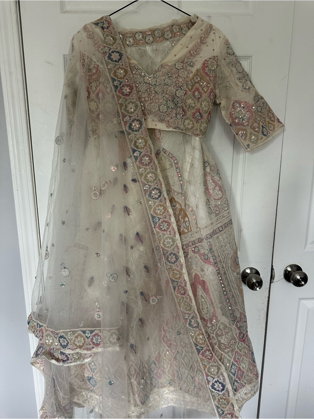 Embellished Ivory Lehenga with Peacock Motif